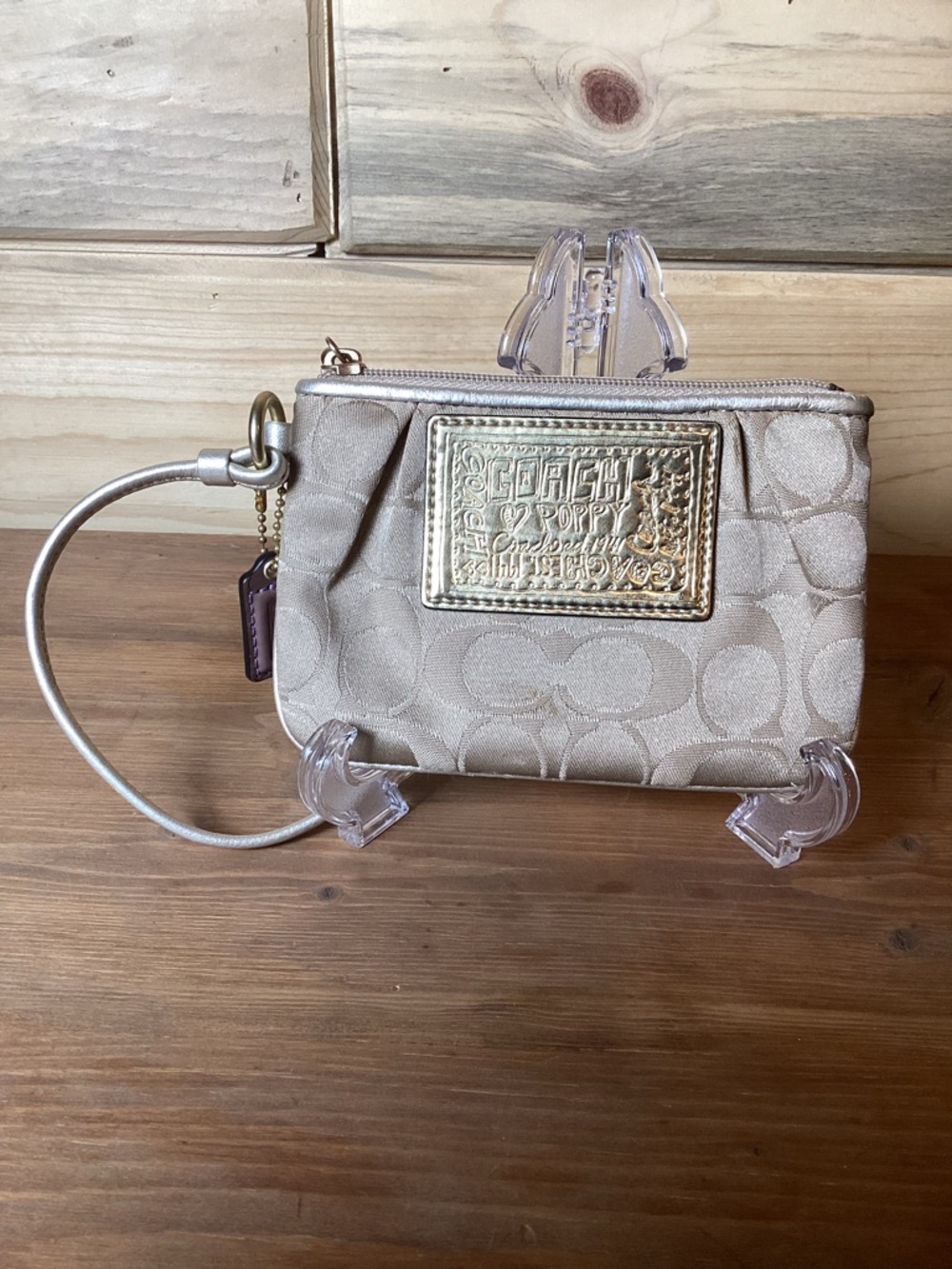 Coach Metallic Khaki Signature Wristlet with Gold Plaque